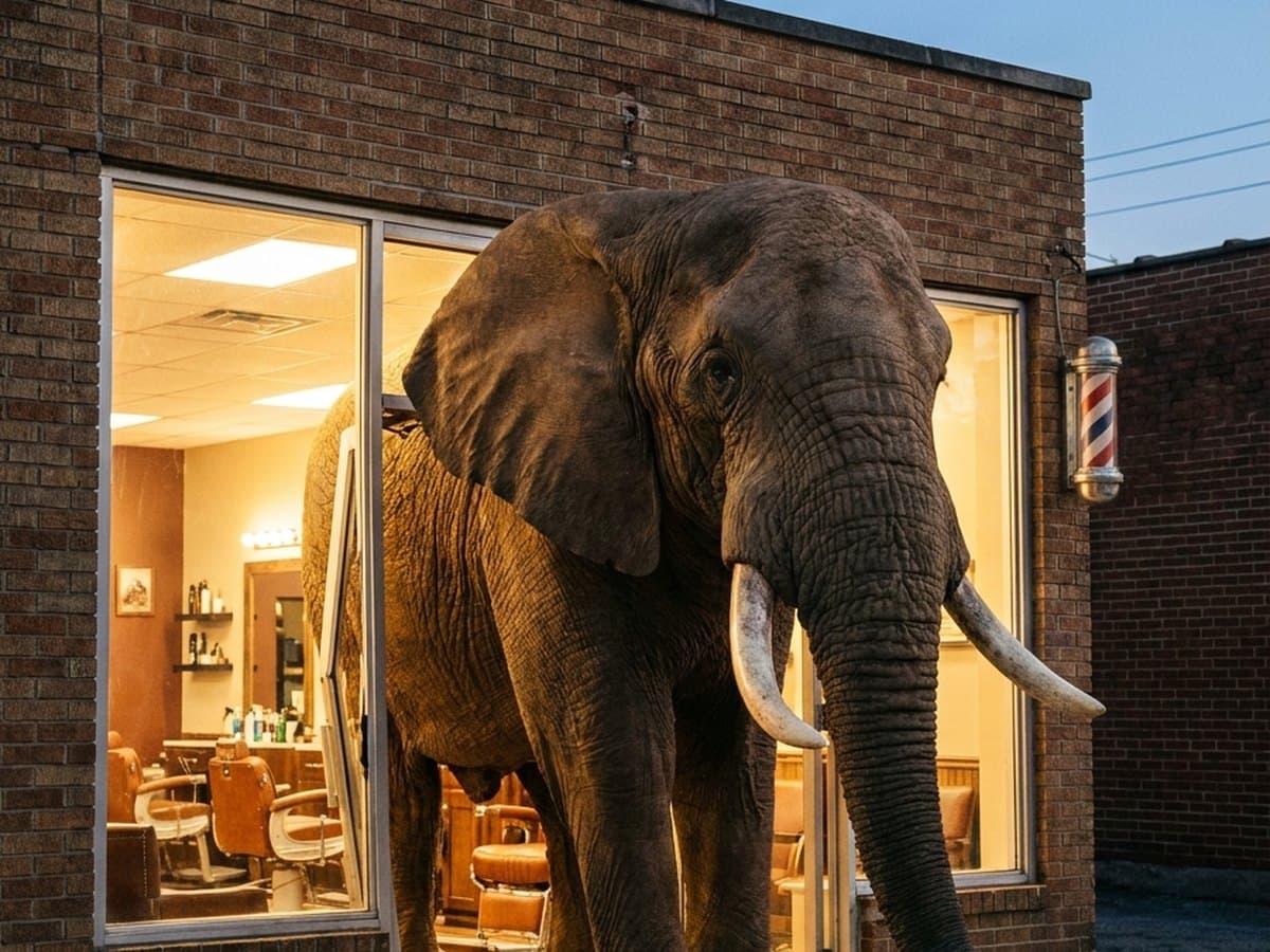 An elephant stepping out through the doorway of a glowing neighborhood barbershop at dusk. The Elephant in the Room, Insightful Recovery Solutions.