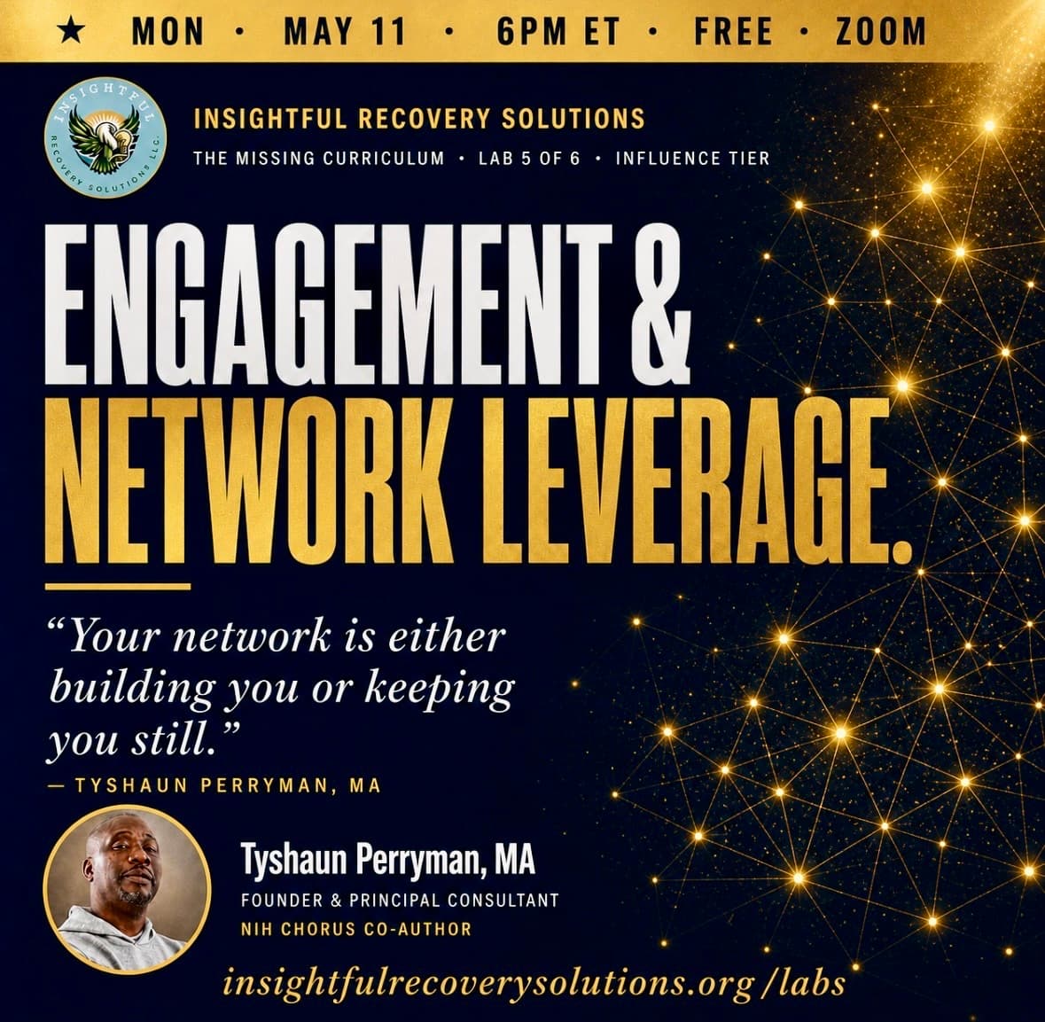 Engagement & Network Leverage. Lab 5 of The Missing Curriculum. Tyshaun Perryman, Insightful Recovery Solutions. Monday May 11, 6PM ET, Free, Zoom.