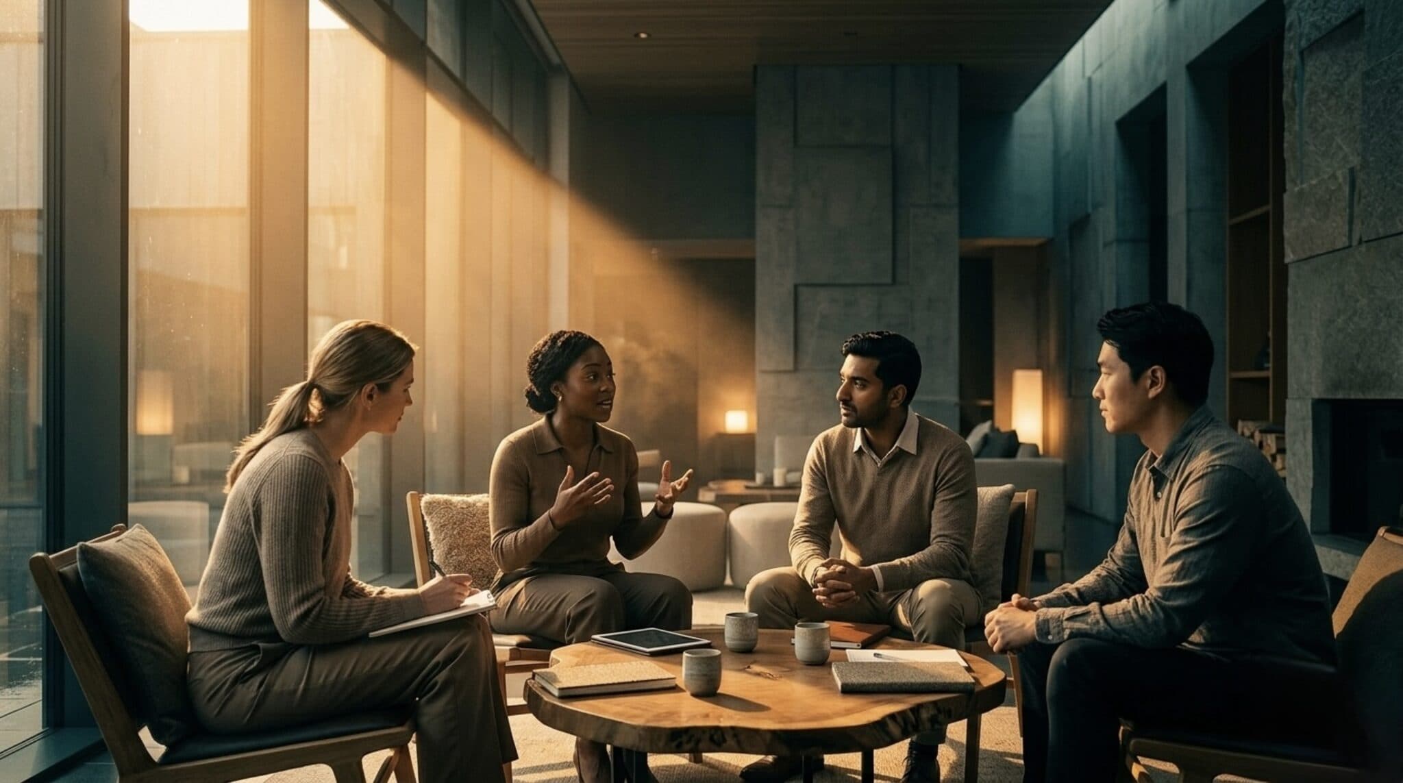 A diverse group of people seated together in a warm, softly lit room having a collaborative discussion