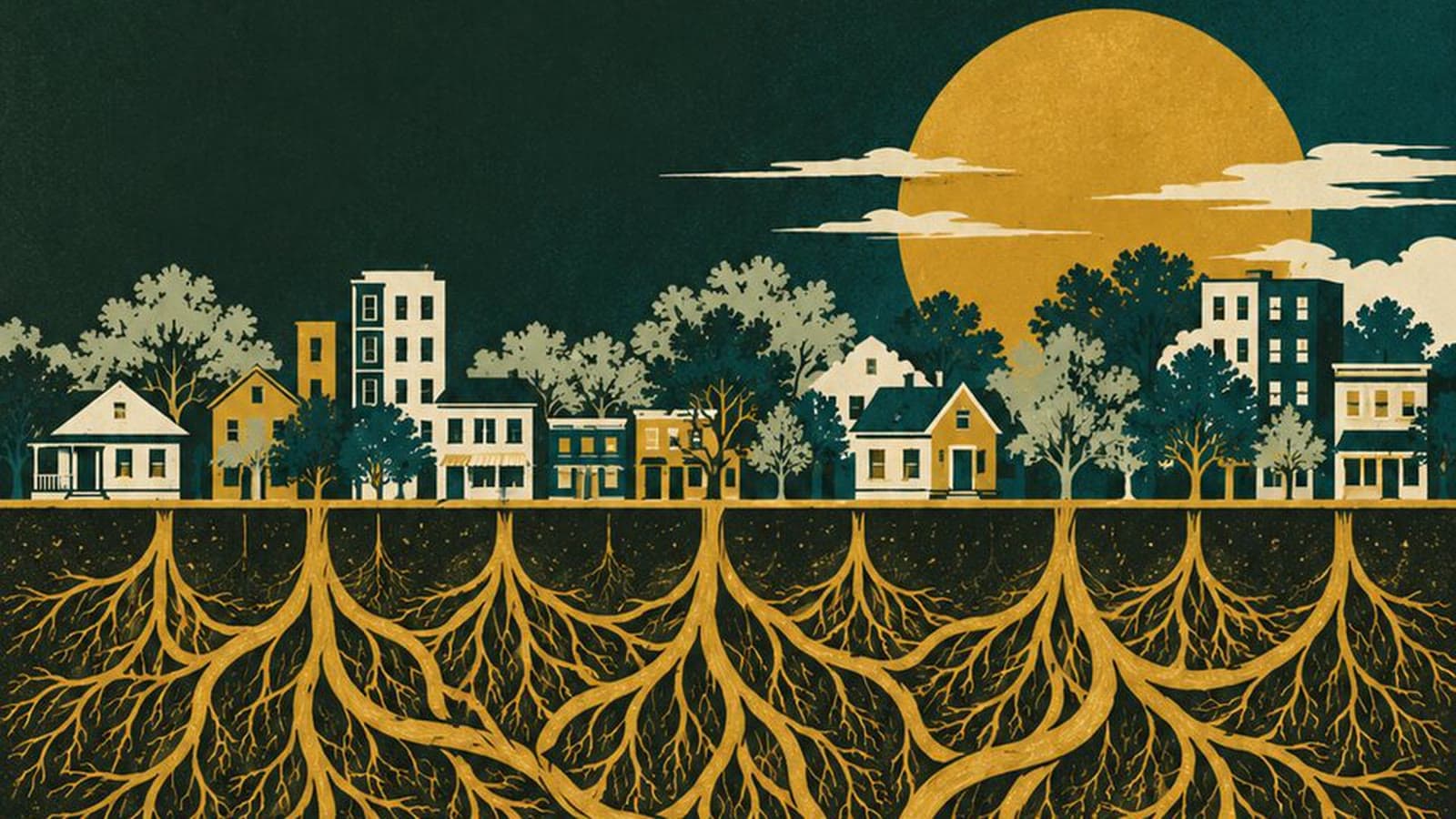 Illustration: a neighborhood skyline at dusk with gold roots spreading and joining underneath, for peer recovery leadership and community recovery infrastructure.