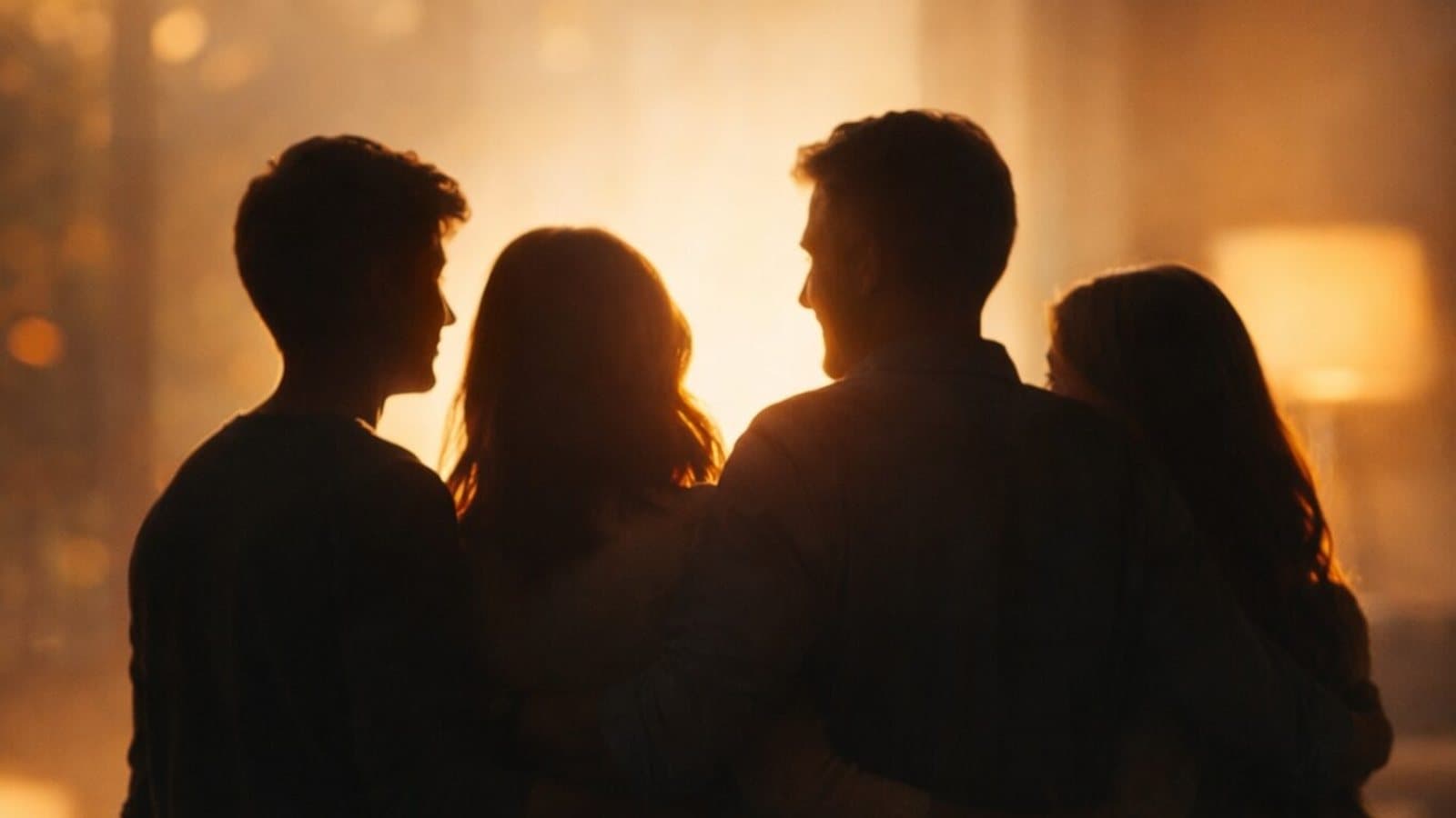 A family of four standing close together, seen from behind, in warm evening light.