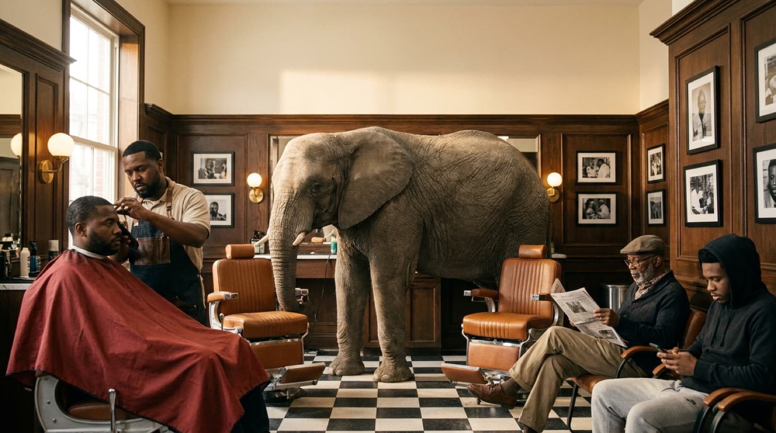 An elephant standing in the middle of a neighborhood barbershop while everyone carries on around it