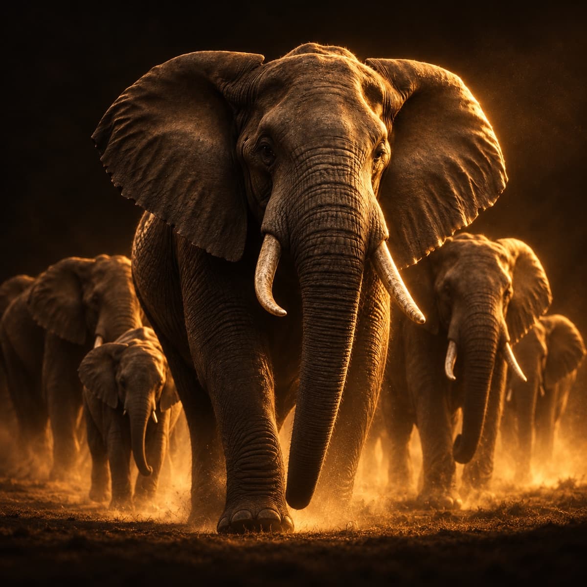 A herd of elephants walking forward together through golden dust