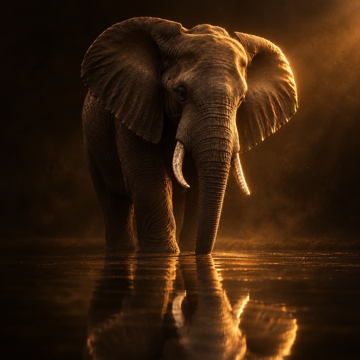 A lone elephant at the water's edge, facing its own reflection