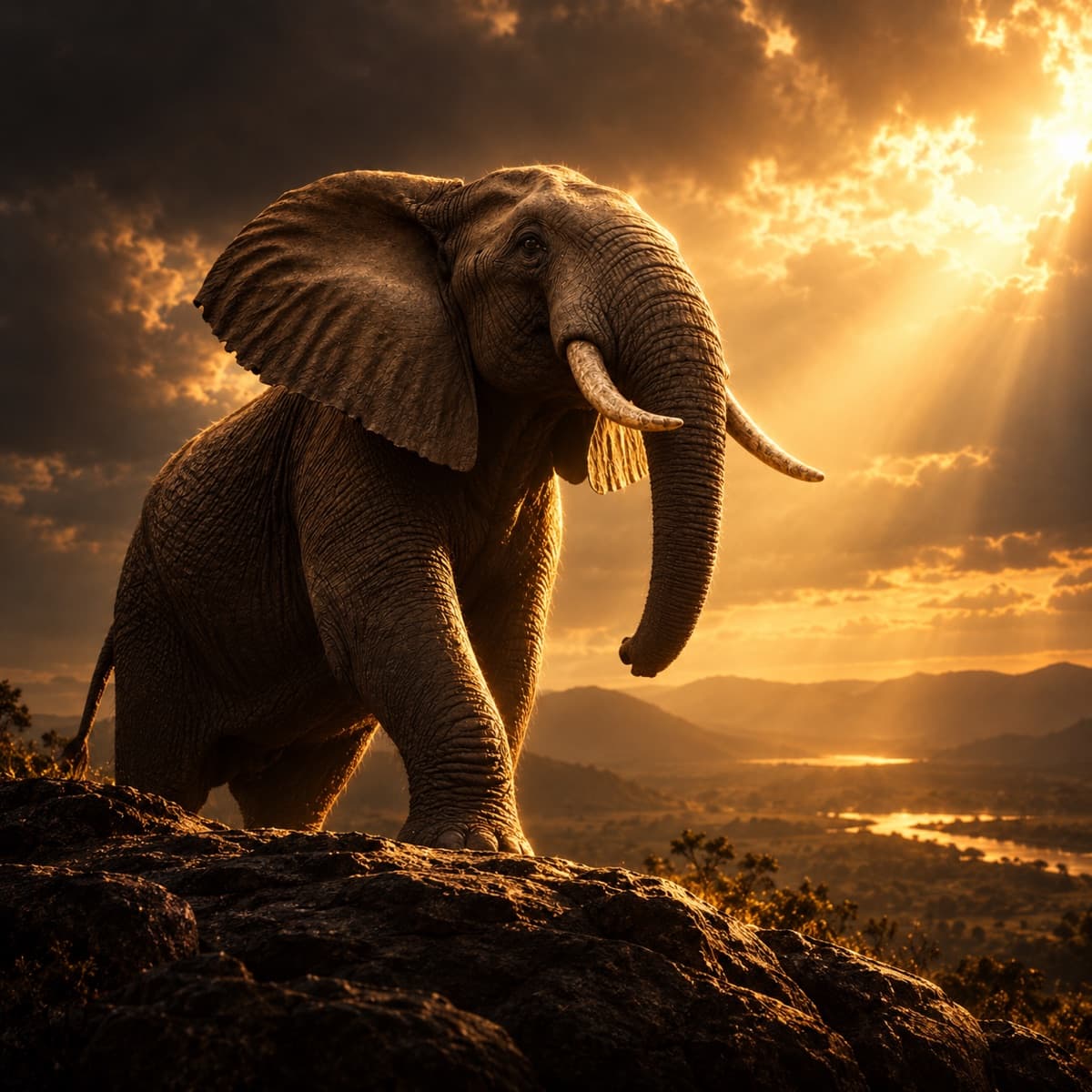 An elephant on a summit looking out over a sunlit valley