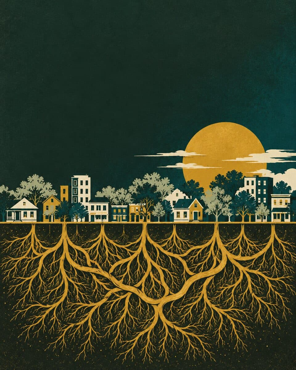 Illustration: a neighborhood skyline with gold roots spreading and joining underneath