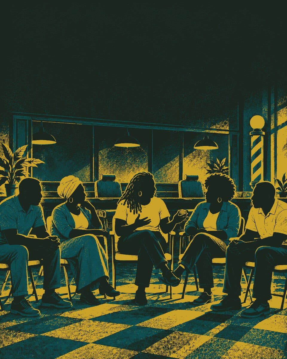 Illustration: women and men talking together in a barbershop, in warm window light
